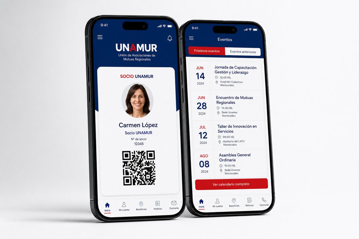 Vista previa de la app UNAMUR en dos móviles