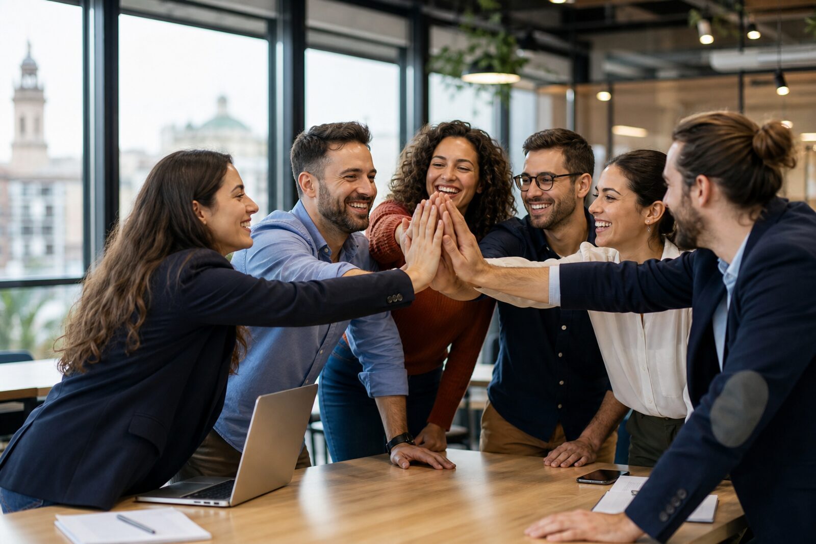 Profesionales autónomos celebrando un acuerdo en un espacio de trabajo